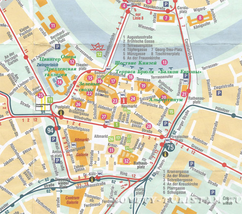 карта Дрездена  с достопримечательностями