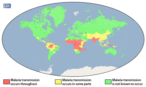 карта распространения  малярии в мире