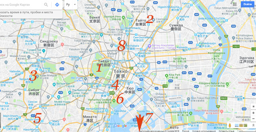 карта  Токио с  основными достопримечательностями